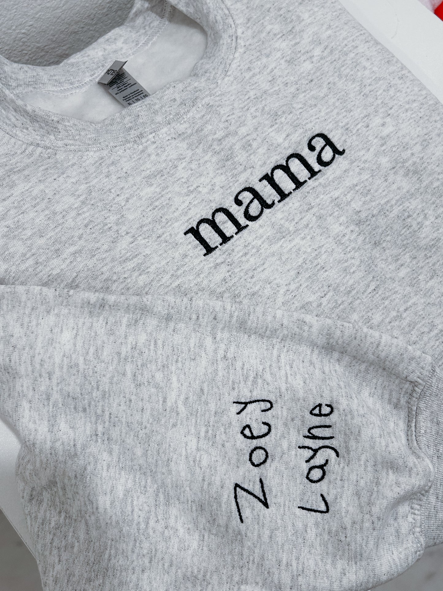 Title with Handwritten Name(s) Embroidered on Sleeve Adult Crewneck Sweatshirt