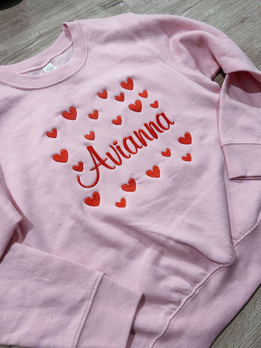 Name with Hearts All Over Youth Embroidered Crewneck