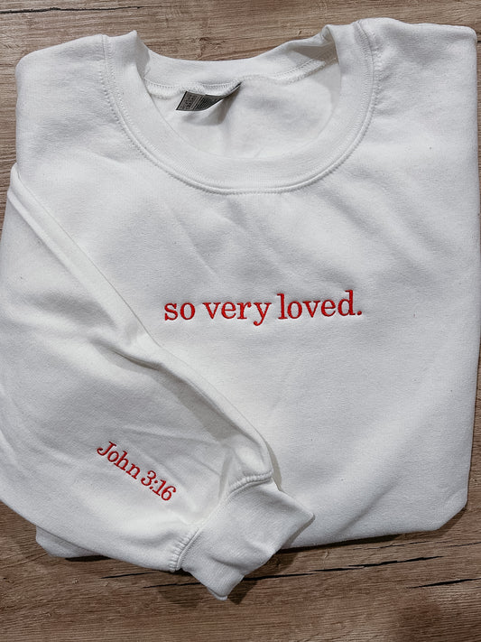 So Very Loved with John 3:16 Embroidered on Sleeve Adult Crewneck Sweatshirt