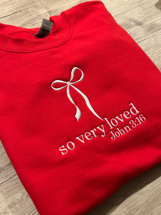 So Very Loved John 3:16 with Bow Youth Embroidered Crewneck